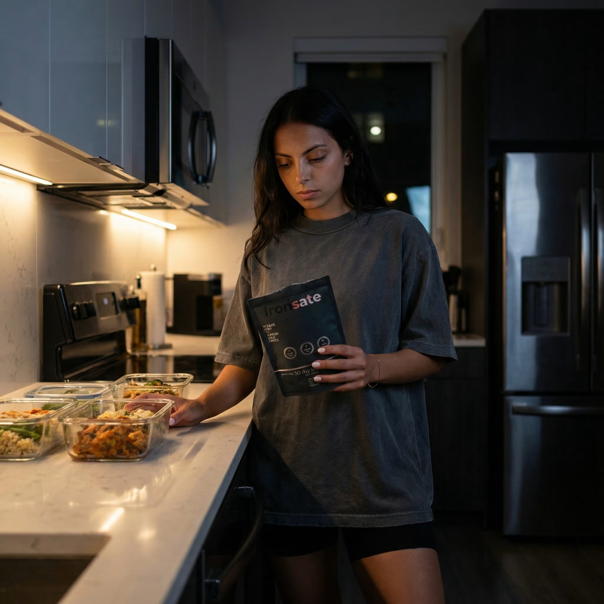 Woman meal prepping at night holding Ironsate pouch for stimulant-free satiety support and fullness during cutting.