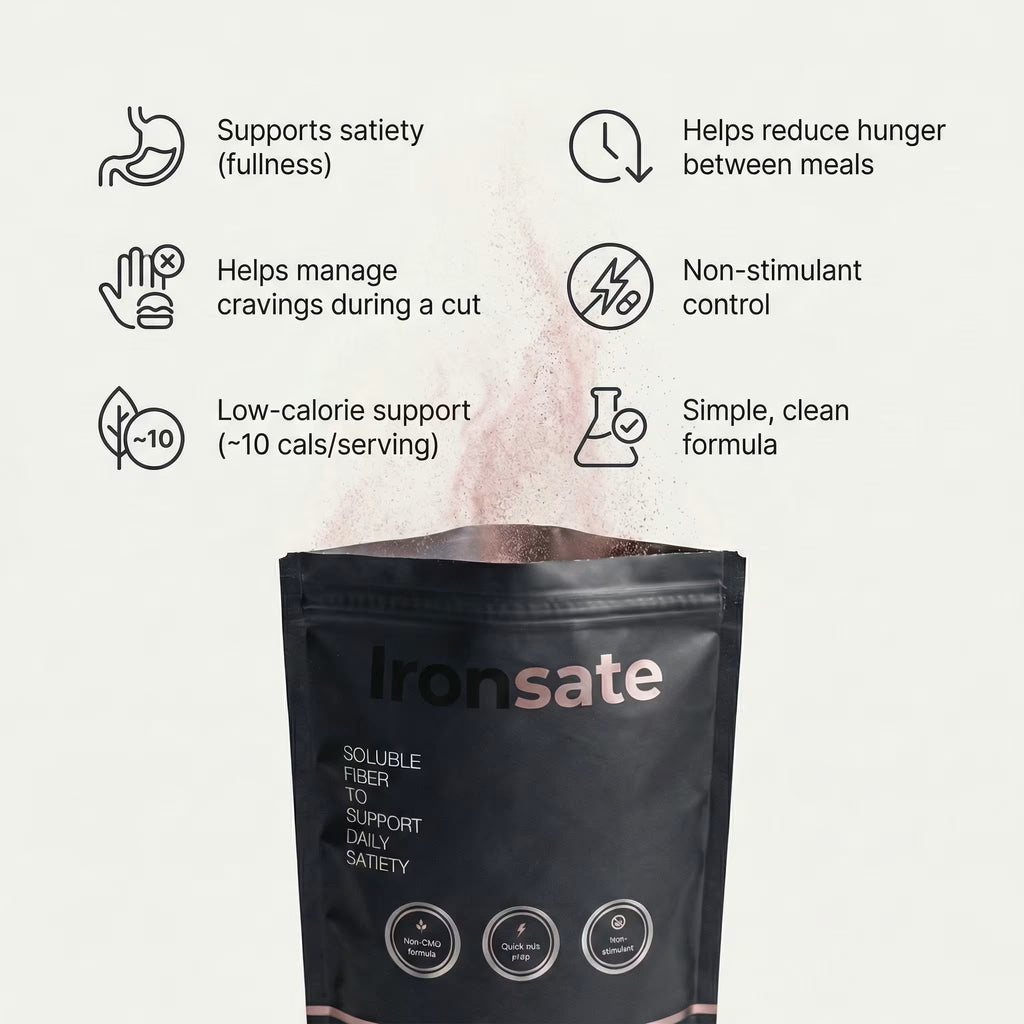 Benefits icons for Ironsate soluble fiber satiety supplement: fullness, less hunger, cravings control, non-stimulant.