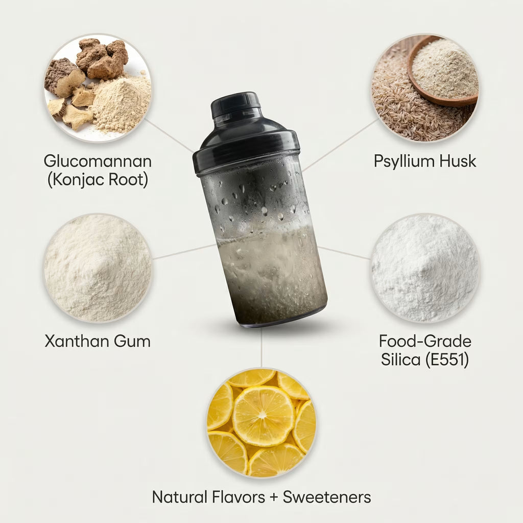 Ingredient map for Ironsate: glucomannan, psyllium husk, xanthan gum, food-grade silica, natural flavors and sweeteners.